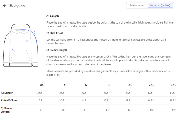hoodies size imperial