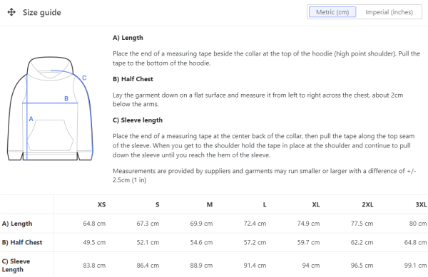 hoodies size metric