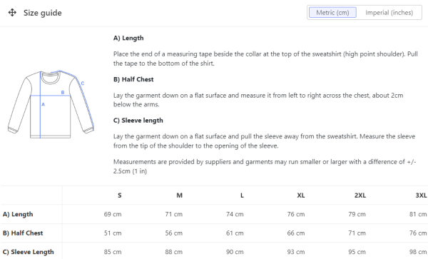 sweaters size metric